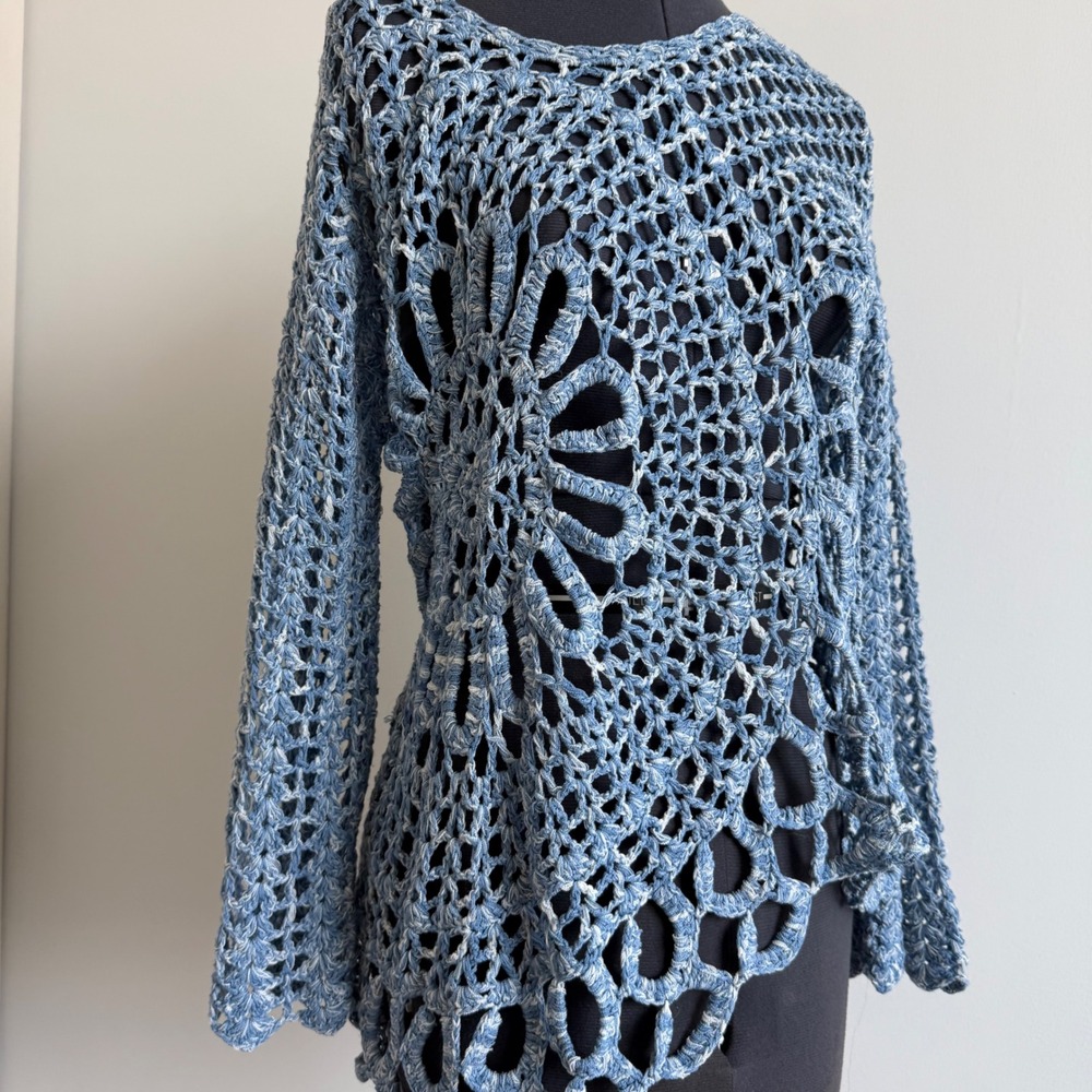 Vintage Multiples Crochet Knit Floral Asymmetrical Sweater Cover-Up